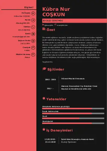 Biyoloji Öğretmeni CV Örnekleri cv indir